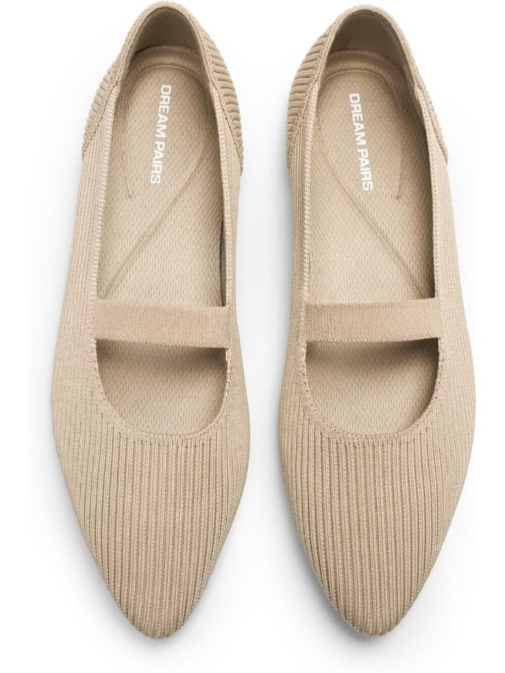 Women's Nude Mary Jane Flats Pointed Toe Breathable Knit Slip On Flat Shoes